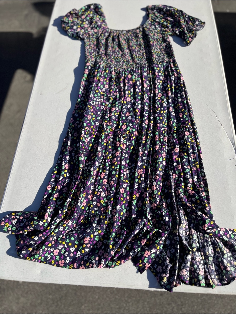 Black Floral Tiered Maxi Skirt with Pink and Green Accents - Picture 4 of 4